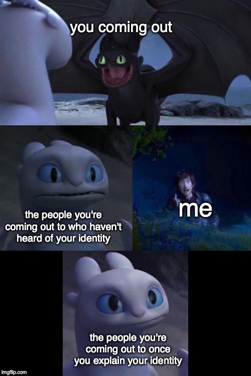 [ID: A Four Panel Meme. In The First Panel, Toothless, Labelled “you Coming Out”, Spreads His Wings
