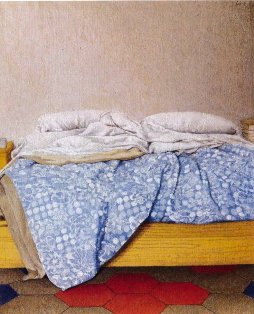 The Bed with the Blue Blanket  -   Luino-Bernardino, 1994-97.Italian,b. 1951-Oil on panel,30 x 25 cm