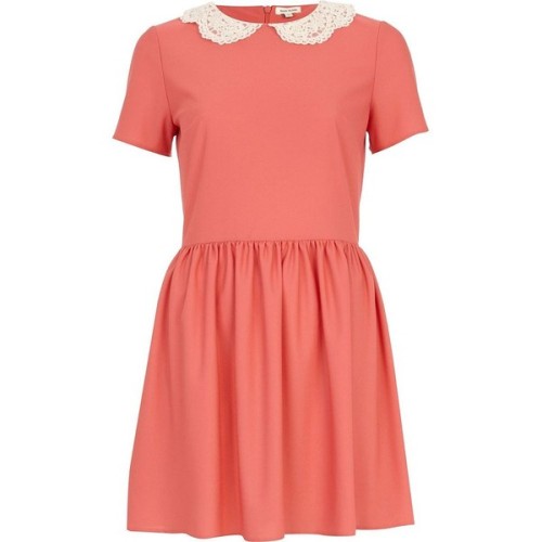 River Island Coral lace collar tea dress ❤ liked on Polyvore (see more red short sleeve dresses)
