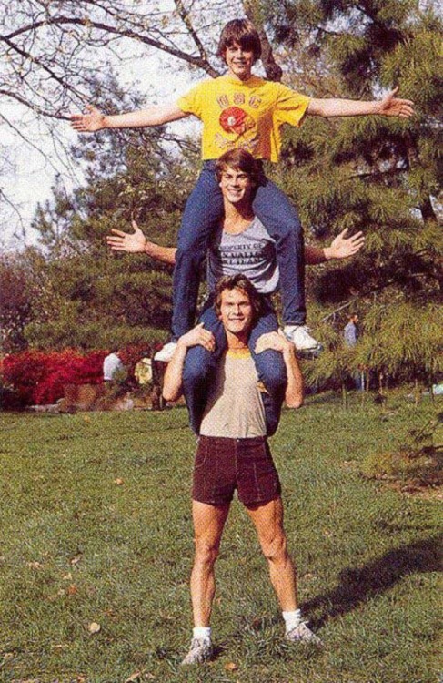 lostinhistorypics:Patrick Swayze, Rob Lowe, and C. Thomas Howell on the set of The Outsiders (1983)