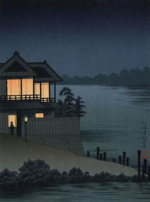 huariqueje:Ariakerou at Imado (Evening view of the Ariake restaurant)  -  Kobayashi Kiyochika  c.192