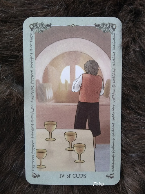 Lord of the Rings Tarot: IV of Cups: Bilbo is spread too thin and wishes to leave the Shire[ID: a ph