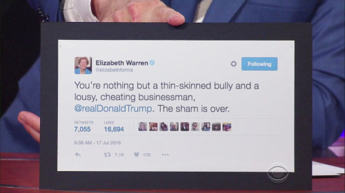 miceontoast: sandandglass: Senator Elizabeth Warren on The Late Show, July 21, 2016 COME FOR HIM ELI