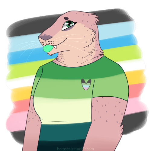 [image ID: a digital drawing of an anthropomorphic leopard seal character. he has rose gold fur with