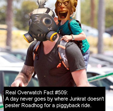 real-overwatch-facts: Real Overwatch Fact #509:   A day never goes by where Junkrat doesn’t pester Roadhog for a piggyback ride.   Submitted by Toast on Discord. 