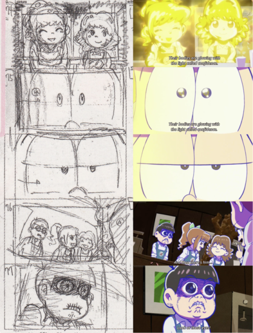 tuneout:The Osomatsu-san fanbook comes with some storyboards so I scanned those and pulled out some screencaps of their respective scenes! Interesting to see how scenes evolve, or completely stay the same. Somehow, storyboard Totty face was even scarier. 