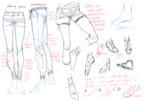 pearsfears:   answering both questions together because they’re somehow related ´ v ´ /  the first one asks about folds on clothing and how to draw shoes on feet~ i’m still majorly poopie at explaining things, so i just made examples, sorry!! (and