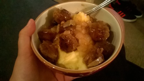 Lamb meatballs and onion sauce over mashed porn pictures