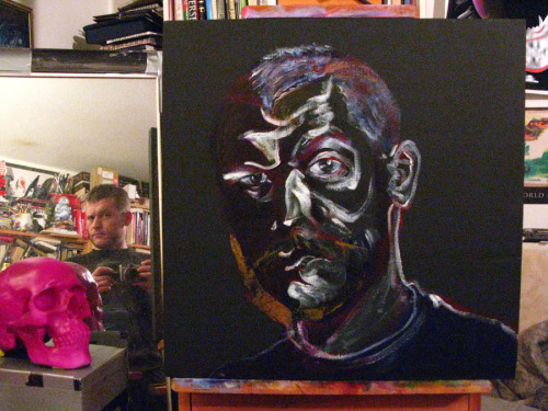 Self-portrait process by Matt Bernson.    Acrylic on canvas,  20"x20" The one on the top is the most recent.   I’ve found the best way to “fix” something is to make drastic changes.   That’s why it looks like I’m