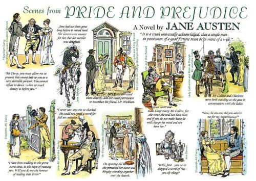 Scenes from Pride and Prejudice, by C. E. Brock (1870-1938). Colour illustrations with quotes.