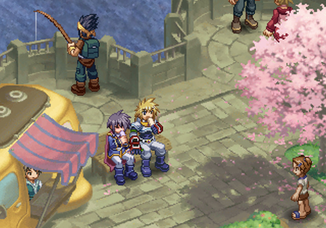Mockup screenshot of Tales of Destiny: Director's Cut. Stahn and Leon sit on a bench in Neustadt eating Ice Candy. Leon savors a cherry flavor, and Stahn opens his mouth comically wide for a vanilla flavor. Their hands just slightly brush.