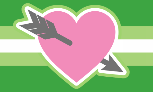 The Cupid's aro pride flag. It has five horizontal stripes: medium green, light green, white, light green, and medium green. The medium green stripes are twice the width of the other stripes. In the center, there is a light pink heart with a grey arrow piercing through it. The heart and arrow are outlined with the colors of the stripes.