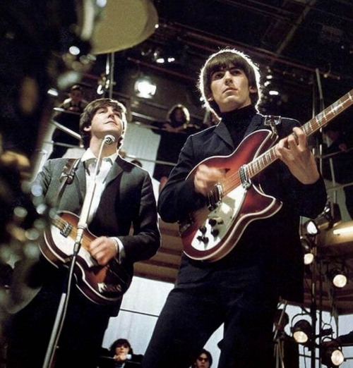 Paul McCartney and George Harrison rehearsing for the ITV special Around the Beatles, Wembley Park S