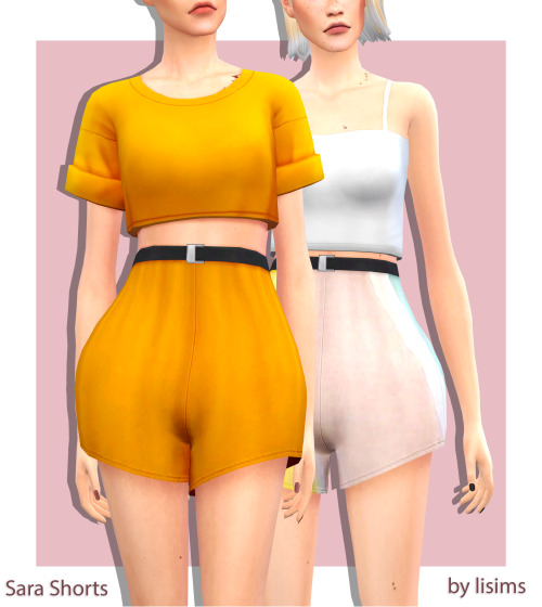 Sara Shorts&gt; ea mesh edit, base game compatible&gt; 30 swatches (16 in palm springs palet