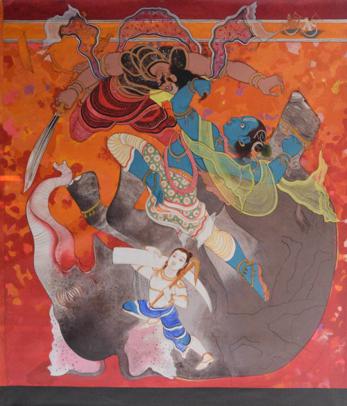 Krishna and Balarama killing Kamsa after killing the elephant Kuvalayapiḍa,   by Rayana Giridhar Gow