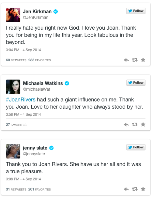 goldacrylicnails:juilan:micdotcom:Female comedians and actresses remember Joan Rivers, the one who l