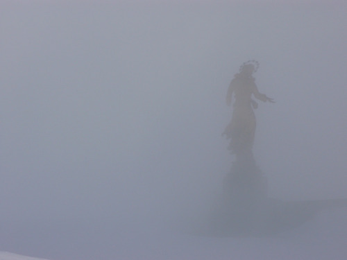 The statue of Our Lady of Europe in the fog. The statue is erected at 2,000 metres above sea level i