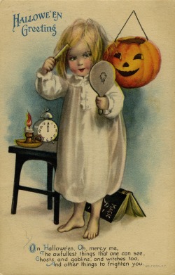 vintagequeen17:  Vintage Halloween Postcard circa 1910 Poem Reads: On Halloween, Oh, mercy me, The fullest things that one can see, Ghost, and Goblins, and witches too, And other things to frighten you. 