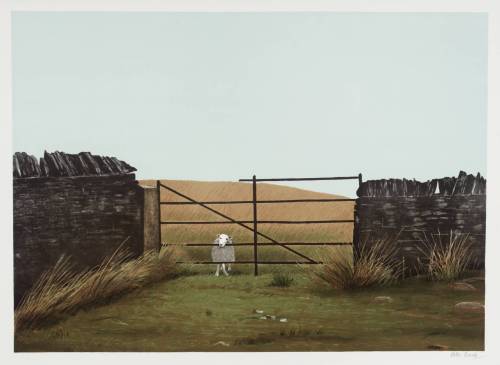 myfairynuffstuff:Peter Brook (1927 - 2009) - September Cornfield - Sheep on the Wrong Side of t