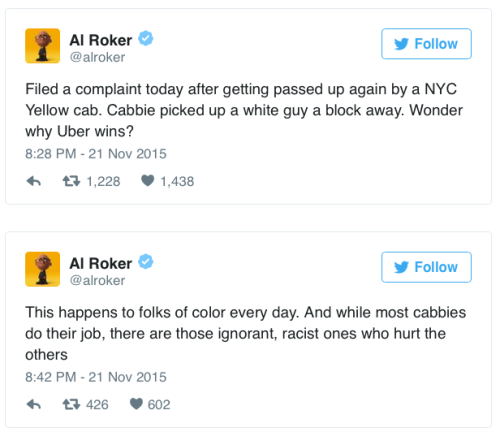 trebled-negrita-princess:  robregal:  chescaleigh:  micdotcom:  Even weatherman Al Roker, one of the most famous black people in the country, isn’t immune to the effects of racism. Roker is not saying silent though and got the NYC taxi commission to