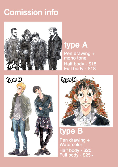 thenorthseasinging:Hello! I open commission page :&gt;I will draw Fan art (manga, anime, band, m