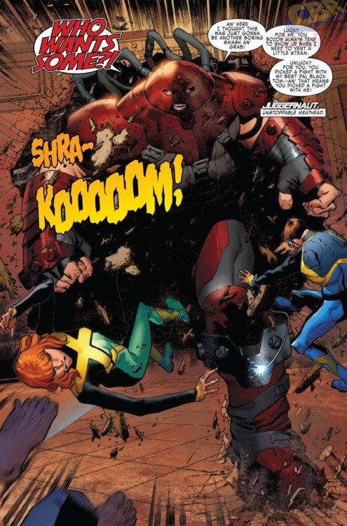 Here comes the Juggernaut!!X-Men: Blue previews by  Cullen Bunn, Jorge Molina and Matteo Buffagni. O