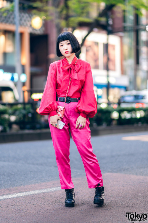 19-year-old Tokyo music school student Shoko on the street in Harajuku wearing an all pink mostly vi