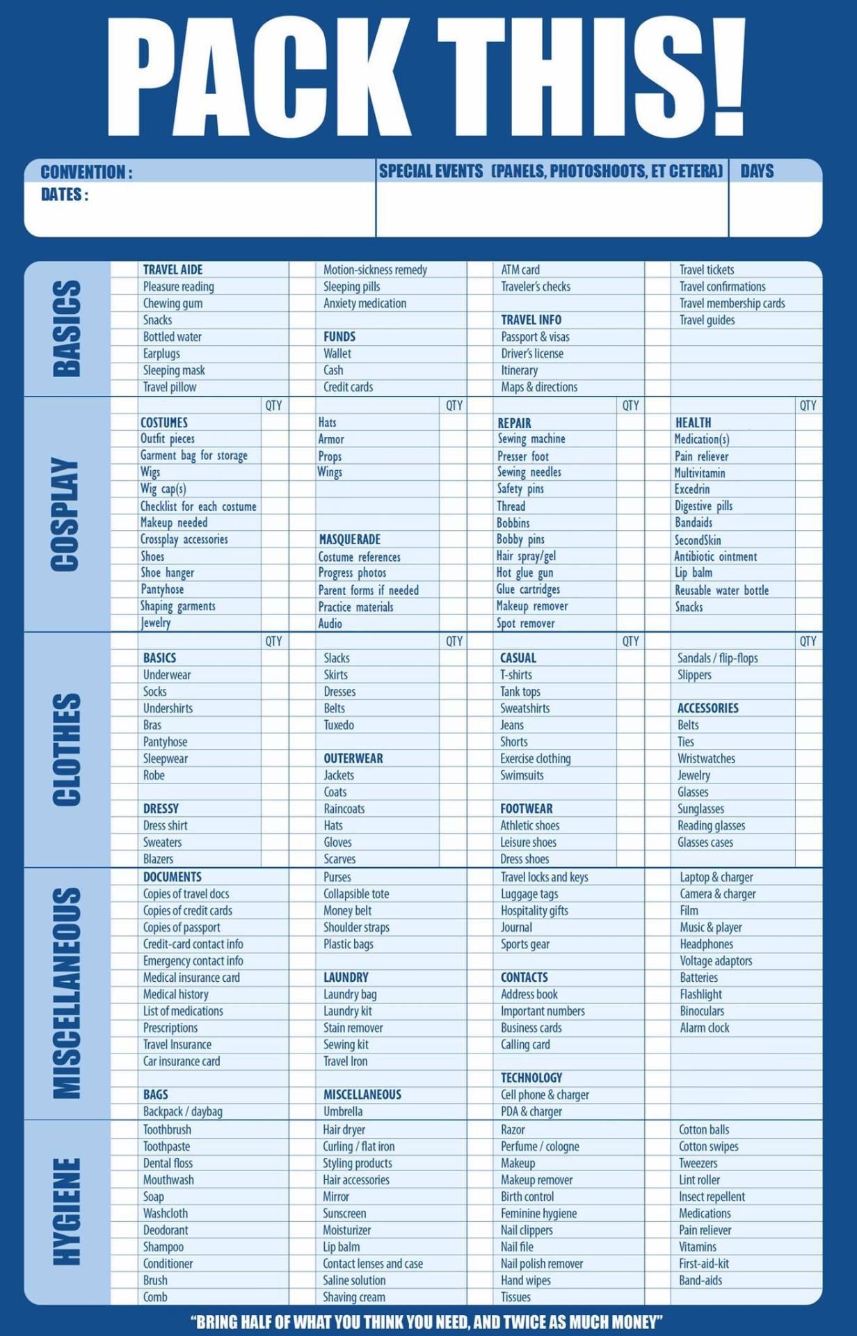 Lady Di Convention Packing List 
