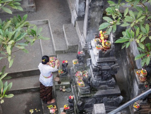 Woman worshiping with offerings in a sanctuary, Bali