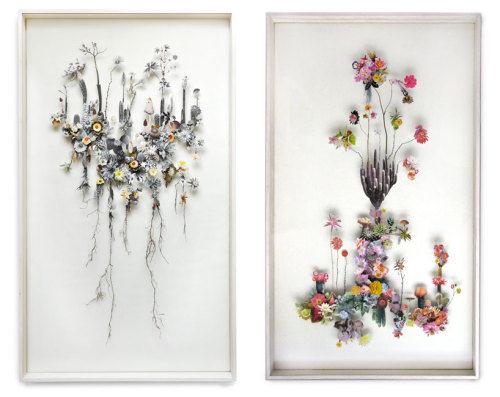 asylum-art:  Delicate Flower Constructions By  Anne Ten Donkelaarnetherlands-based artist anne ten donkelaar constructs her intricate flowerscapes using both real pressed flowers that she collects collaged with paper floral elements. the series of three-d