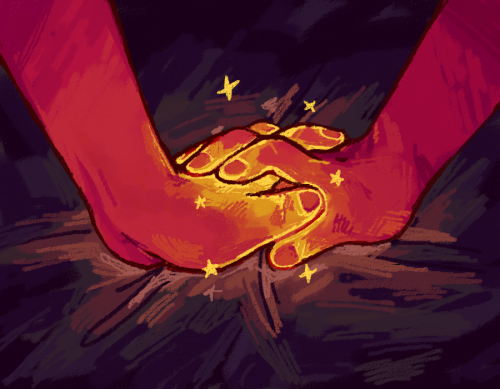 letsoulswander: campanella: contact [ID: a sketchy pastel drawing of two red hands, fingers laced to