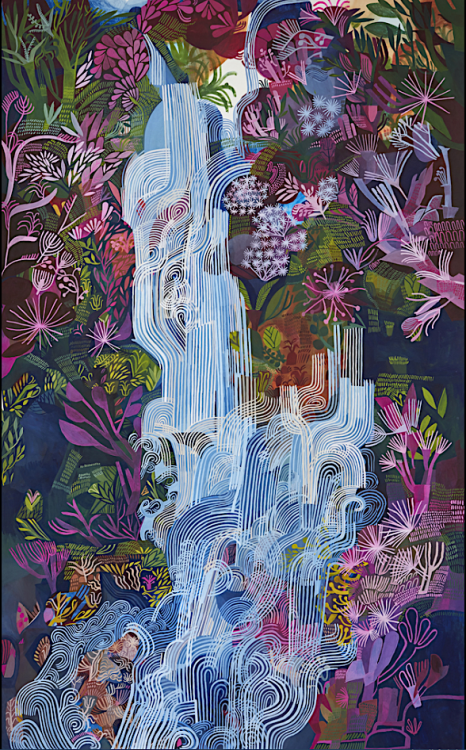pinkstarlightcomputer:Ashley Amery Waterfall with Pink Flowers, 2020 Gouache, watercolour on paper 31 ½ × 25 3/5 in 80 × 65 cm 