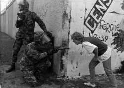 desaparecidos:A Northern Irish teenager confronts British soldiers during unrest in Northern Ireland. 