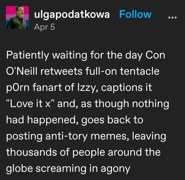 screenshot of a tumblr post hypothesising about con o'neill one day retweeting izzy hands tentacle porn