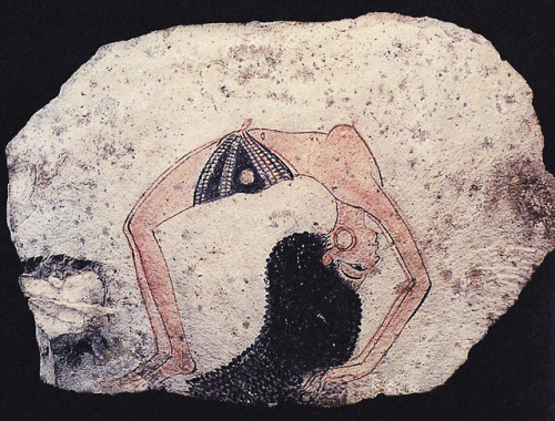 Ostracon of a dancer An ostracon with topless dancer with elaborate hairstyle and hoop earrings in g