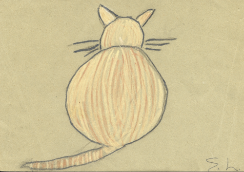 Simple and pleasant pencil drawing of a plump shorthaired cat seen from behind. It may have been ginger tabby because the child who drew this covered it in yellow and brown stripes. Large whiskers frame each side of the head.