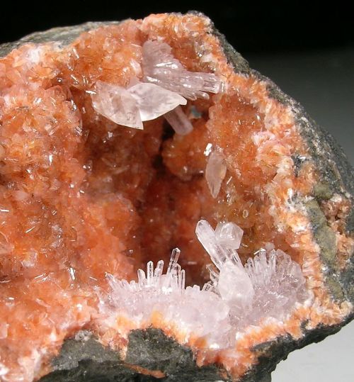 Quartz and Calcite on red Stilbite - Mill Creek, Oregon