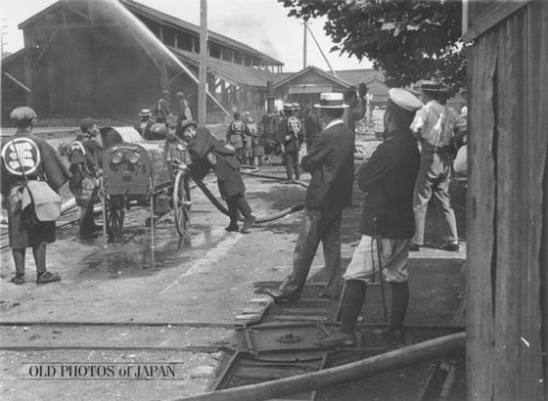 Three images of Taisho (1912-1926) JapanTop - A 1920s fire drillMiddle - Two ainu women with a morta