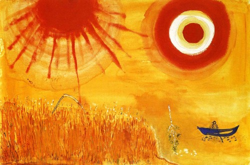 artist-chagall:A wheatfield on a summer’s afternoon, 1942, Marc ChagallMedium: canvas,tempera