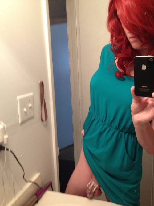 sissygirlapril:All locked up in a cute dress and wig :)