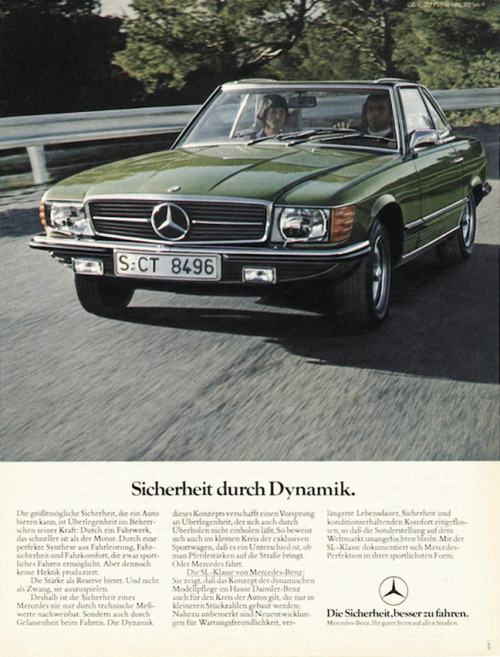 Mercedes Benz SL (R 107) advertisement, 1976. Via mercedes-seite