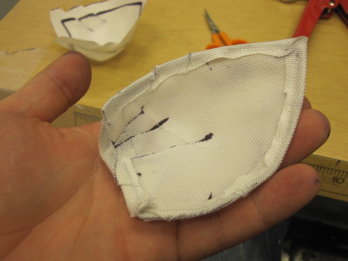 This is how the ear poses are made. It has taken a lot of attempts to get the seams correct, but each one is important. In the puppeted version, this will be made from two materials; the twill nylon for the upper part, and a fabric akin to spandex.to