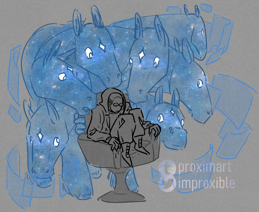 doodle of murderbot in a chair, knees up and feet on the cushion, gripping the arms with force and looking cartoonishly distressed. behind it is a huge horrible maneless horse creature with multiple heads, blue galaxy-patterned with a white star on each head and glitch patterns over the eyes: a representation of ART's feed presence. three heads are actively investigating murderbot, one possibly about to bite its shoulder. four other heads are distracted from working on other things in the feed, glancing at murderbot despite the feed windows in front of them.