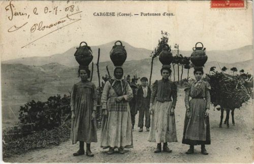 cartespostalesantiques:Women carrying water in Cargese, CorsicaVintage postcard, early 1900′s