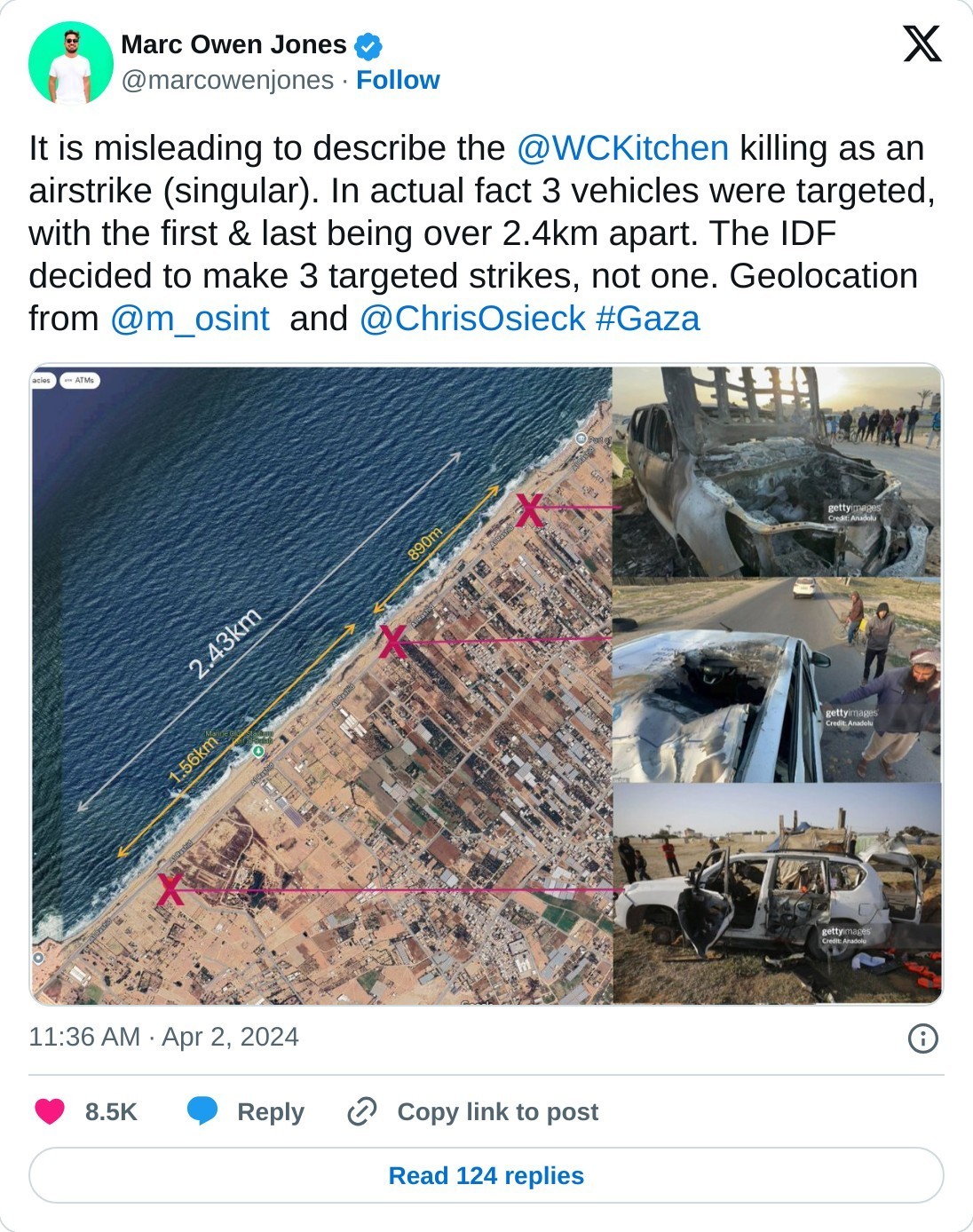 It is misleading to describe the @WCKitchen killing as an airstrike (singular). In actual fact 3 vehicles were targeted, with the first & last being over 2.4km apart. The IDF decided to make 3 targeted strikes, not one. Geolocation from @m_osint and @ChrisOsieck #Gaza pic.twitter.com/epvtqNR4uU  — Marc Owen Jones (@marcowenjones) April 2, 2024