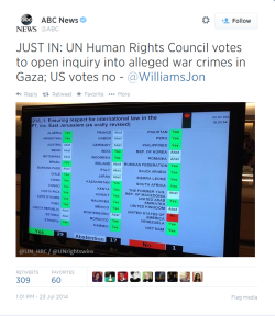 socialismartnature:  Breaking via ABC News: UN Human Rights Council votes to open inquiry into alleged war crimes in Gaza; U.S. is the ONLY “no” vote. That’s because the U.S. is a direct accomplice to every war crime that Israel commits. 