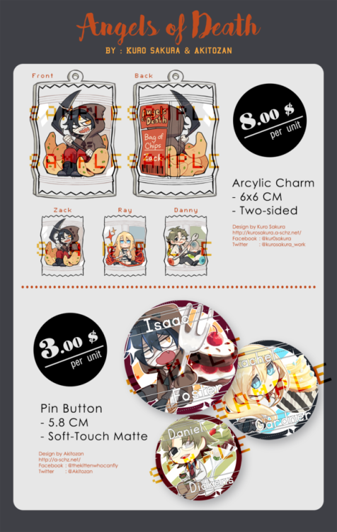 [Pre-order]  Angels of Death : Arcylic Charm & Pin Button http://kuroaki.tictail.com/product/aod