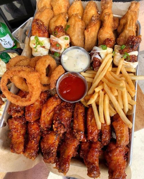 yummyfoooooood: Chicken Wings, Korean Cheese Wrapped Fried Wings, Fries and Onion Wings