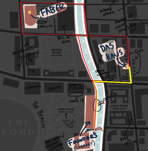 jacksbits:jacksbits:  pictured: in yellow, the reasonable route from the library to the haus. in red