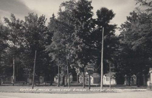 Postcard, Opechee Motel, Long Lake, Michigan, sent 1953.